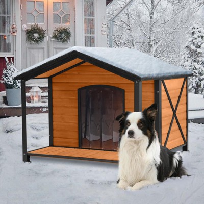 Weatherproof Wooden Outdoor Dog House with Iron Frame & Large Porch, Warm Shelter for Small/Medium Dogs, Indoor/Outdoor Puppy Kennel
