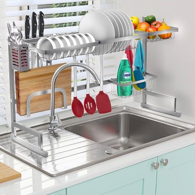 Silver Steel Over-The-Sink Dish Drying Rack with Utensil Cup