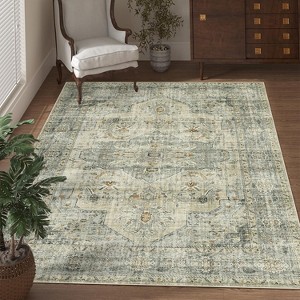 Washable Vintage Floral Oriental Area Rug, Non-Slip Low Pile Carpet, Stain-Resistant Rug for Living Room or Office - 1 of 4