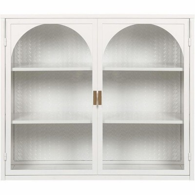 27.56" Double Glass Door Wall Cabinet, Kitchen Display Cabinet, Modern Minimalist Style, Three-Tier Storage, Iron & Tempered Glass, Easy Assembly