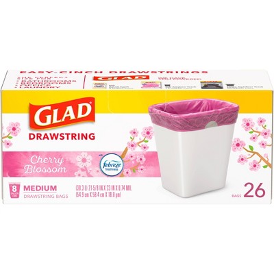 Glad DrawString Trash Bags - Cherry Blossom - 8gal - 26ct: Tear-Resistant, Odor Control