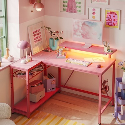 Bestier 42" Wide L-Shaped Gaming Desk with Power Outlets LED Lights and Reversible Storage Shelves & Hooks