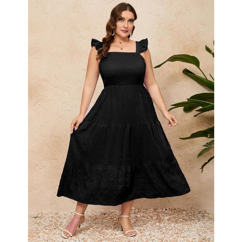 Women Plus Size Sleeveless Maxi Dress Smocked High Waist Tiered Ruffle Summer Casual Midi Dress, 4 of 9