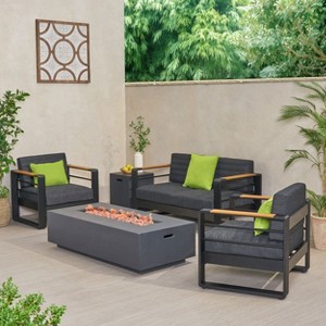 Christopher Knight Home Giovanna Outdoor Aluminum 4-Seater Chat Set with Lightweight Concrete Fire Pit, Black/Dark Gray - 1 of 4