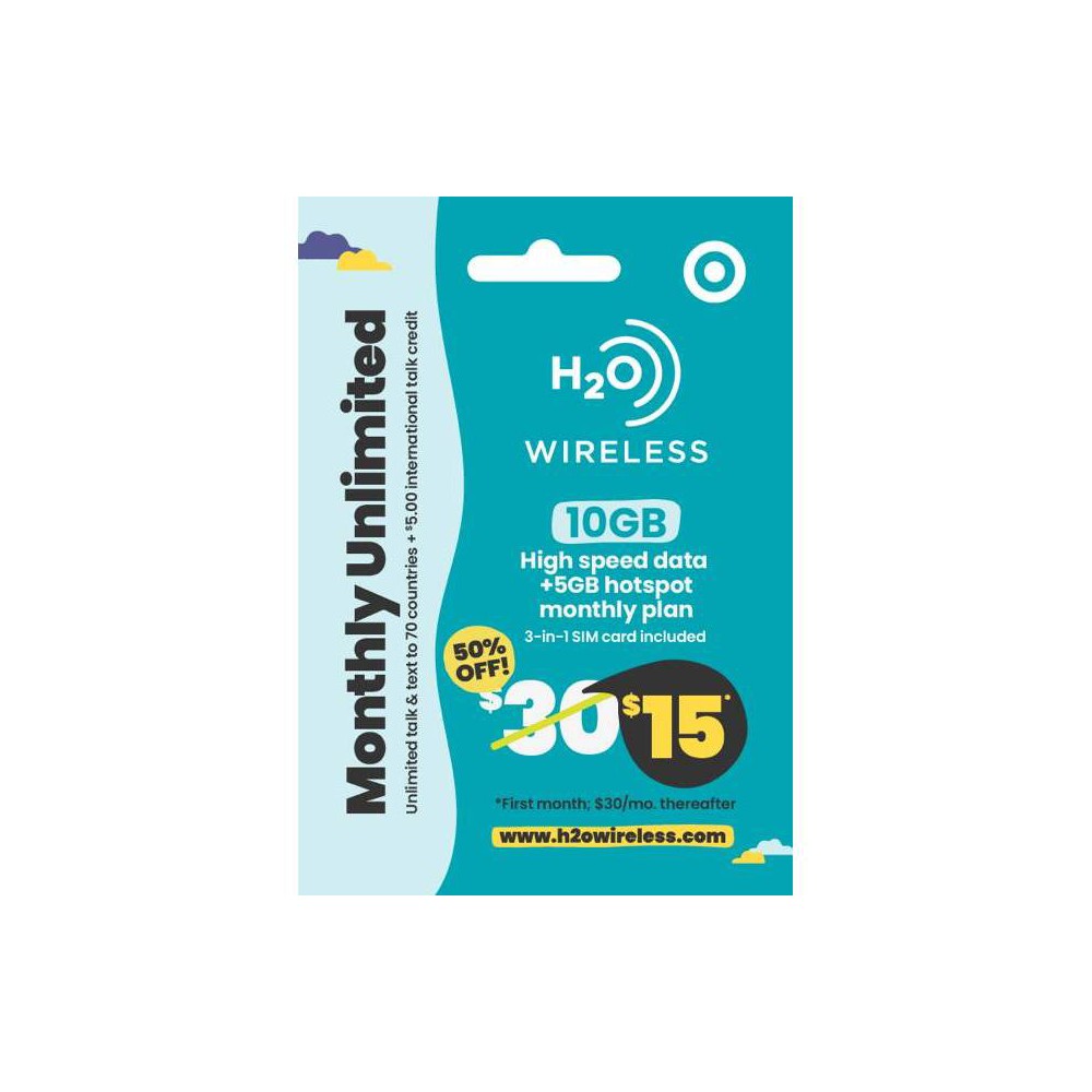 Photos - SIM card H2O Wireless Unlimited Talk & Text  30 Day Prepaid Plan -  Included(10GB Data)