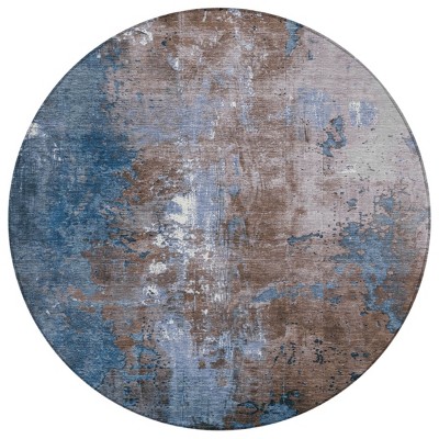 HomeRoots 8' Brown And Blue Round Abstract Washable Indoor Outdoor Area Rug