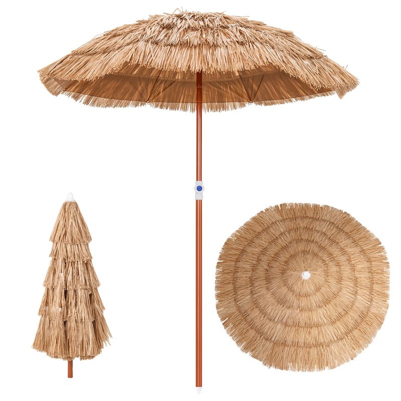 Costway Patio 6FT Tropical Thatched Tiki Beach Umbrella Portable Outdoor Market Tilt, 1 of 11