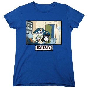 Women's Beetlejuice And Lydia Sappy Face Ghouls Sell Creepy Cookies T-Shirt - 1 of 4