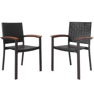 Costway Set of 2 Outdoor Patio PE Rattan Dining Chairs Armrest Stackable Garden - 1 of 4