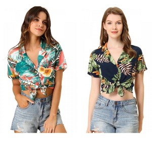 Allegra K Women's Hawaiian Floral Leaves Printed Short Sleeve Button Down Vintage Shirt 2 Pcs - 1 of 4