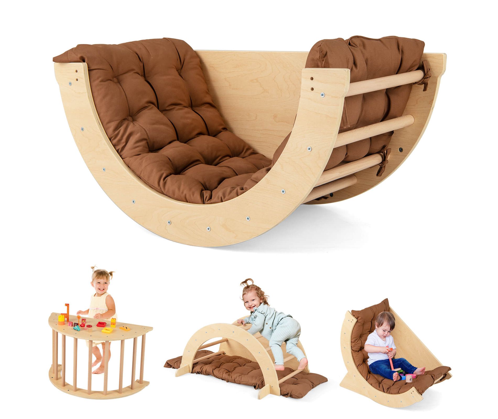 Costway 6 in 1 Climbing Arch Wooden Rocker Arch Climbing Toy with Removable Cushion Coffee
