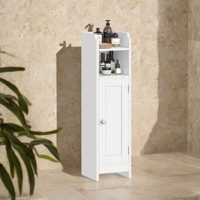 Small Bathroom Floor Cabinet with Adjustable Shelves - White Narrow Storage Organizer