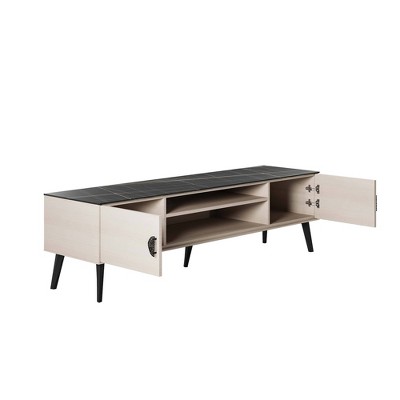 Haley 70.9" White and Black Marble TV Stand with Cabinet