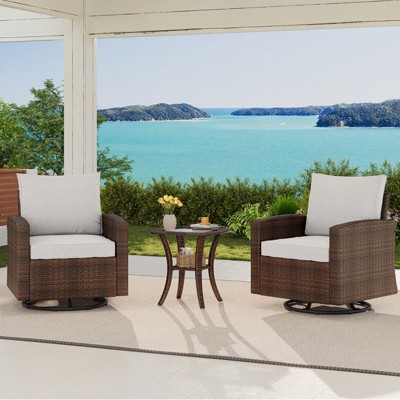 GARVEE Patio Wicker Swivel Rocker Chairs, 3 Piece Outdoor Rattan Patio Furniture Set with Comfy Cushions Tempered Glass Top Table, Bistro Chair Sets