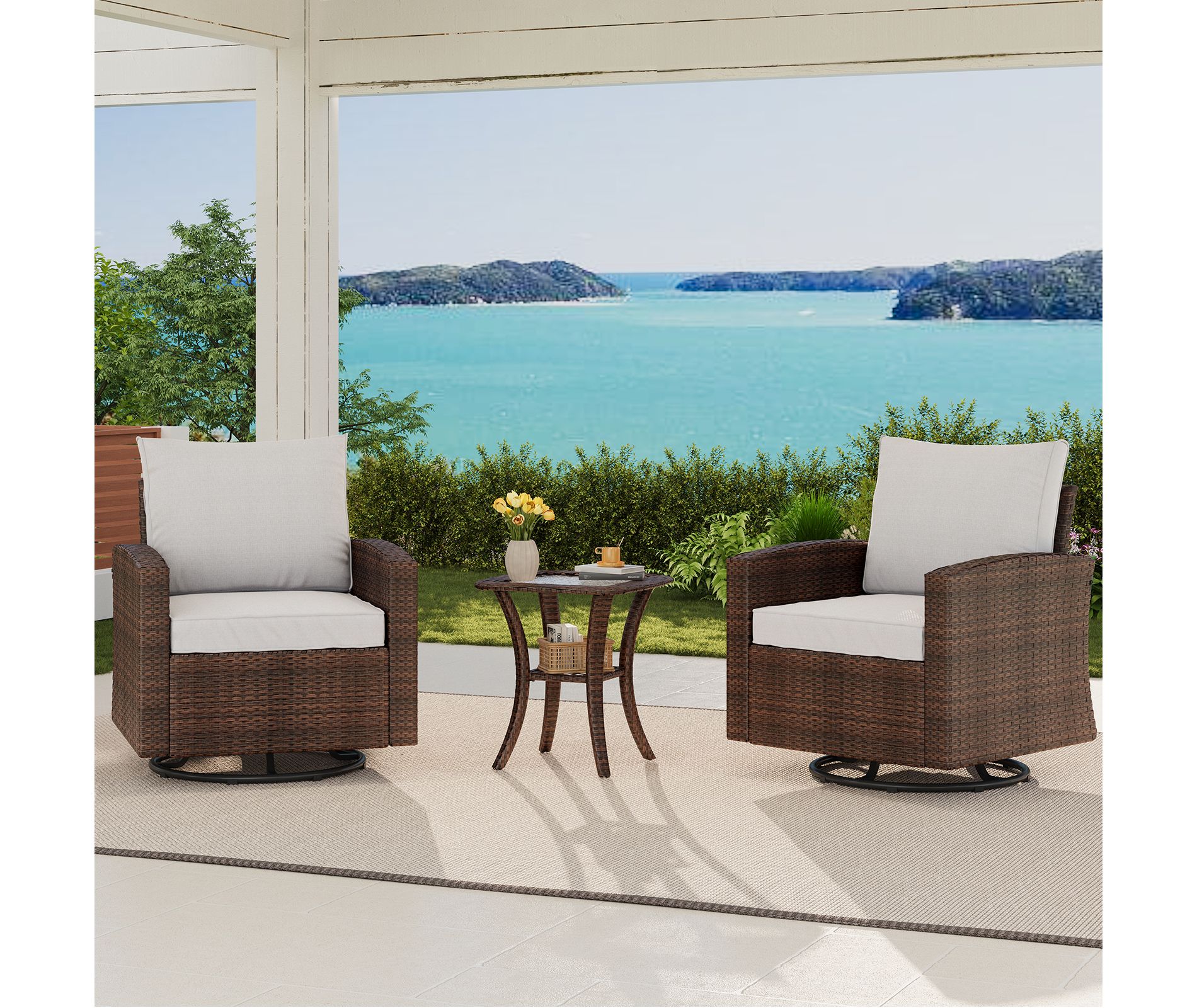 GARVEE Patio Wicker Swivel Rocker Chairs, 3 Piece Outdoor Rattan Patio Furniture Set with Comfy Cushions Tempered Glass Top Table, Bistro Chair Sets