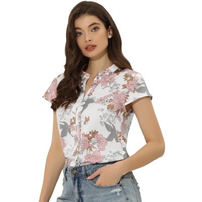 INSPIRE CHIC Women's Satin Stand Collar Work Cap Sleeve Floral Blouse