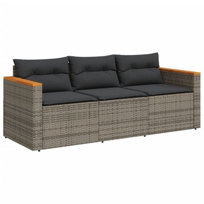 vidaXL 3-Seater Poly Rattan Outdoor Patio Sofa with Removable Dark Gray Cushions, UV-Resistant, for Garden/Deck