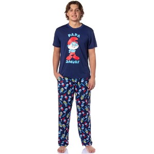 The Smurfs Pjs Mens Papa Smurf Short Sleeve Shirt And Pants Pajama Set Navy Blue - 1 of 4
