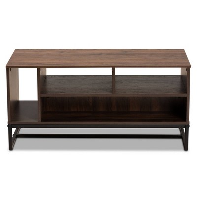 Walnut Brown Wood and Black Metal Rectangular Coffee Table