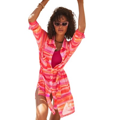 Swimsuits for All Women's Button Front Mesh Cover Up Tunic (Plus Sizes Available)