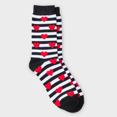 Women's Stripes & Hearts Valentine's Day Crew Socks - Black/White/Red 4-10