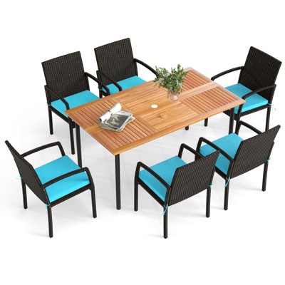 Tangkula 7- Piece Patio Dining Furniture Set Acacia Wood and Wicker Dining Table Armchairs Navy/Red/White/Turquoise