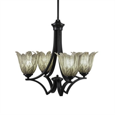 Toltec Lighting Zilo 4 - Light Chandelier in  Matte Black with 7" Vanilla Leaf Shade
