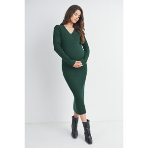 Hello Miz Women's Ribbed Long Sleeve V Neck Maternity Midi Dress - 1 of 4