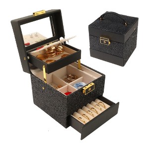 Unique Bargains 3 Layers PU Leather Sequins Jewelry Box with Drawers and Mirror - 1 of 4