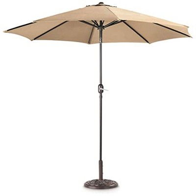 CASTLECREEK 9 Foot Market Outdoor Push Button Tilt Patio Umbrella with Polyester Fabric, Crank Open System, and 8 Steel Ribs, Khaki