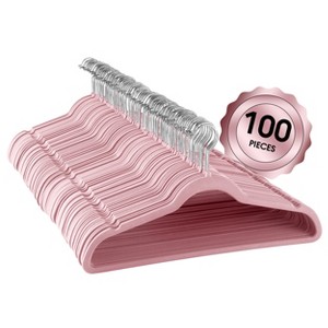 100 Piece Set of Velvet Slim Profile Heavy Duty Felt Hangers in Pink - 1 of 4