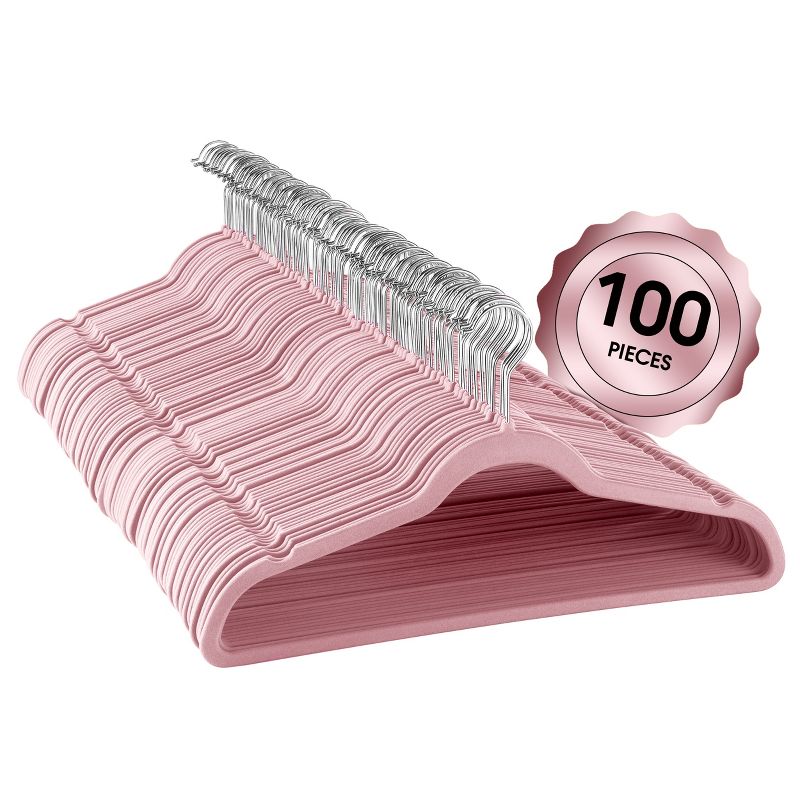 100 Piece Set of Velvet Slim Profile Heavy Duty Felt Hangers in Pink, 1 of 7