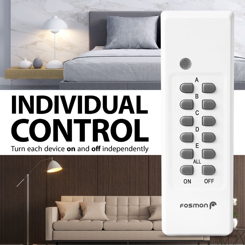 Fosmon WavePoint Wireless Remote Control Outlet Switch with 5 Outlets Plugs + 2 Remote Controls, ETL Listed - White, 5 of 9