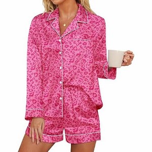 Ekouaer Satin Pajama Set for Women Button Down Pj Set Long Sleeve Top and Shorts 2 Piece Loungewear Summer Soft Sleepwear - 1 of 4
