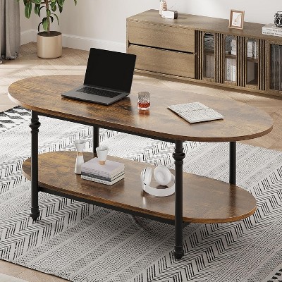 Oval Coffee Table Unique Tea Table 47.2" Mid Century Cocktail Table Low Storage Coffee Table