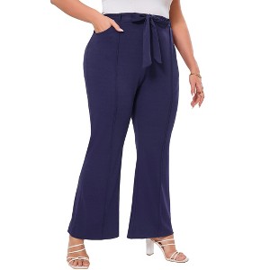 Womens Plus Size Flare Pants with Belt Fashion Outfits Pockets Spring Fall Pants Slim Business Casual Work Pants Navy Blue 3XL - 1 of 4