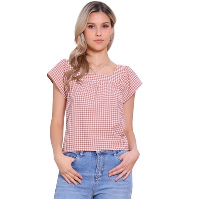 INSPIRE CHIC Women's Summer Square Neck Gingham Cap Sleeve Blouses