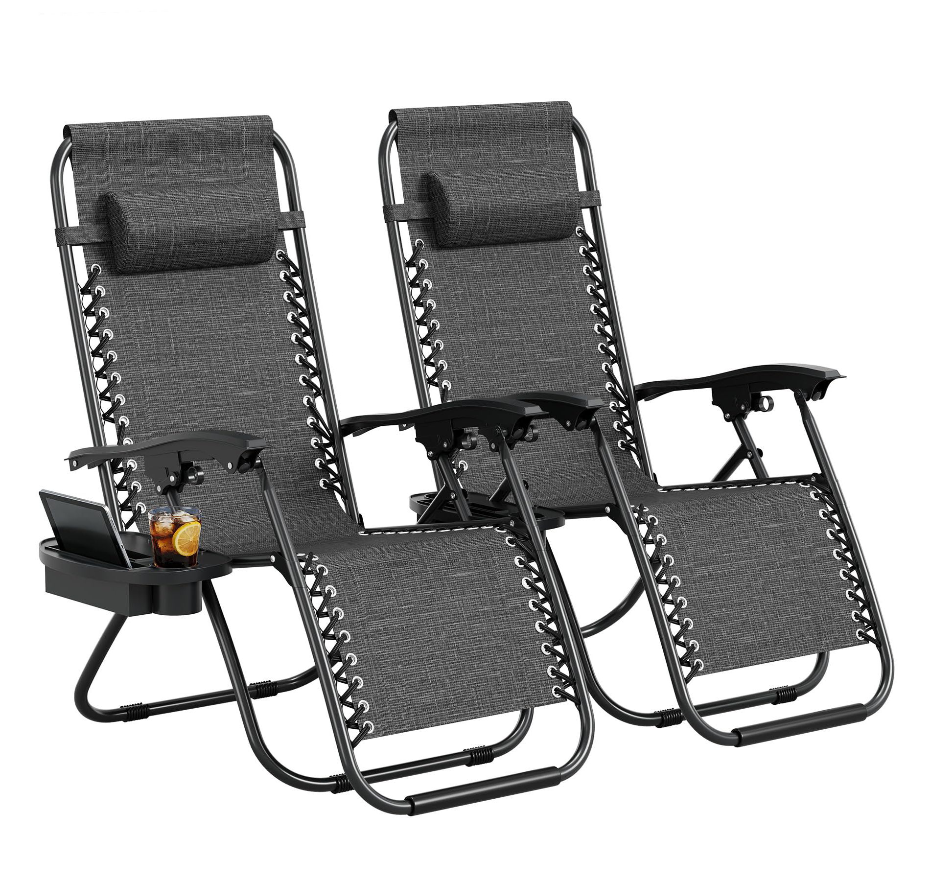 Folding Portable Camping Chair Set of 2, Patio Lounge Chair Outdoor with Pillow & Cup Holder Tray, Adjustable Reclining Chair