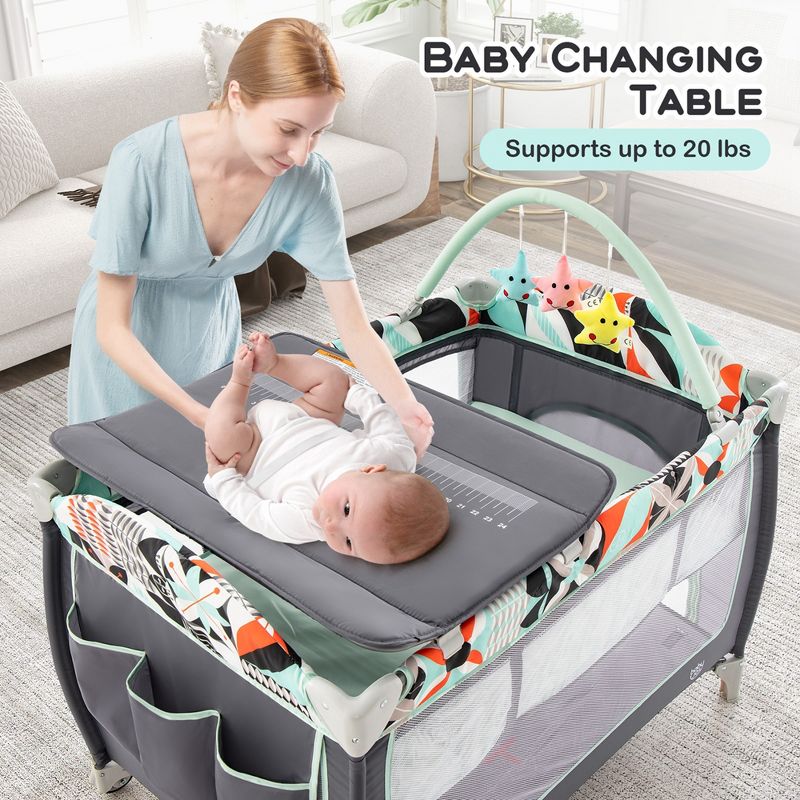 Babyjoy 3 in 1 Baby Playard Portable Infant Nursery Center w/ Zippered Door Pink/Grey/Pink & White/Green, 5 of 11