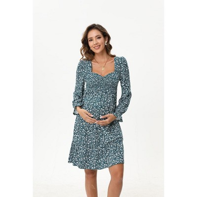 A heart-shaped collar long sleeved printed short maternity dress with dark green floral print (print) dark green print_XXL
