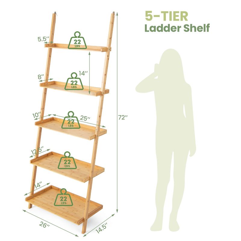 Costway 2 PCS 5-Tier Bamboo Ladder Shelf Wall-Leaning Display Bookcase Storage Rack, 3 of 11