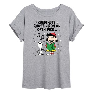 Women's - Peanuts - Snoopy and Lucy Chestnuts Roasting Carol Oversized Graphic T-Shirt - 1 of 4