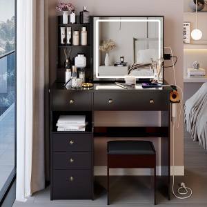 Vanity Desk With Stool, Makeup Vanity Set With Sliding 3 Color LED Mirror, Charger Station, Hair Dryer Holder, 6 Drawers And Storage Shelves - 1 of 4