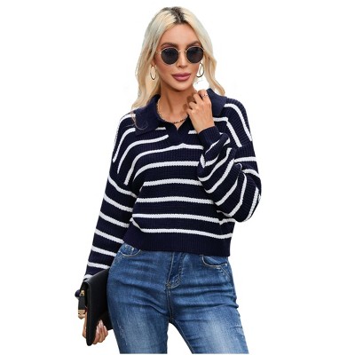 Women Striped/Soild Polo V Neck Sweater Long Puff Batwing Sleeve Knitwear Pullover Sweater Jumper Tops Gentleman Blue XXL