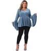 Women's Plus Size Velvet Texture Wrap V Neck Ruffle Hem Long Bell Sleeve Peplum Blouses - Agnes Orinda - 3 of 4