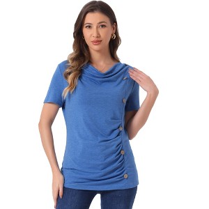 INSPIRE CHIC Women's Cowl Neck Short Sleeve Button Decor Ruched Front Casual  Basic T-shirt - 1 of 4