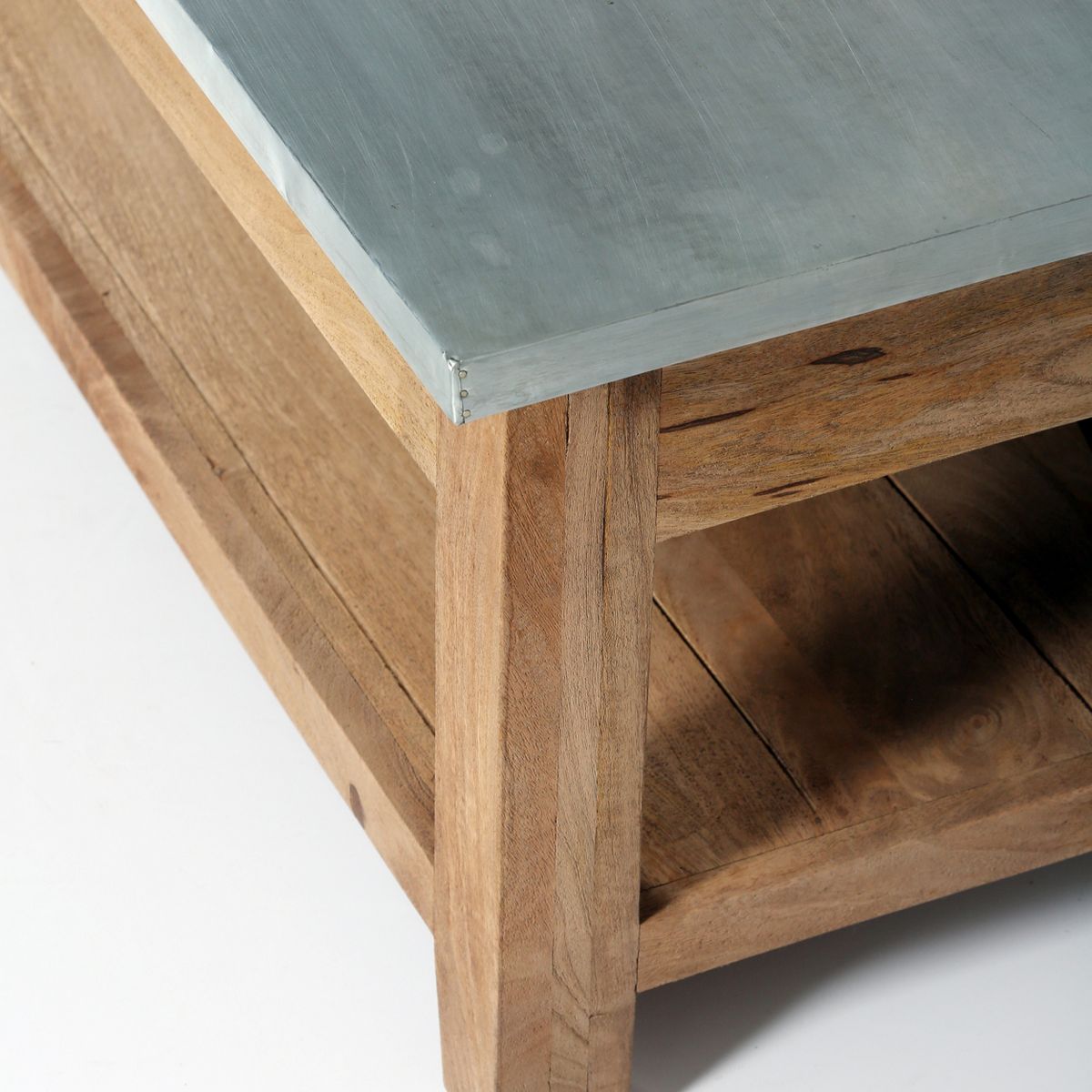 Millwork 48 in. Coffee Table with Lower Shelf, Modern Industrial Style with Silver Zinc Metal Tabletop and Wood Accents - thumbnail 5