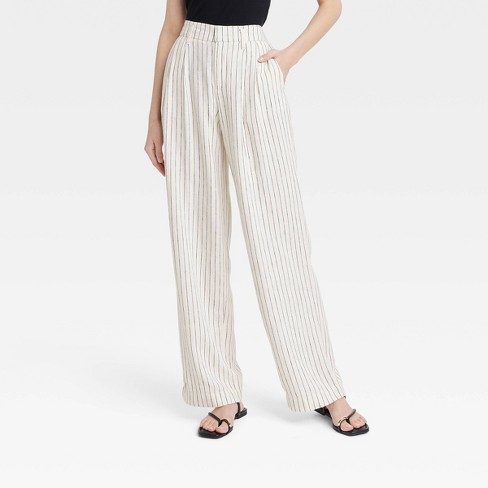 Women's High-rise Linen Pleat Front Straight Pants - A New Day™ Cream/black  Pinstripe 14 : Target
