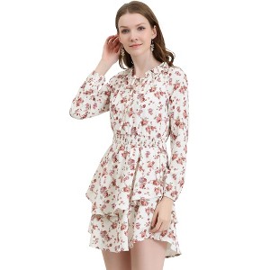 Allegra K Women's Floral Smocked Waist Tie Neck Layered Chiffon Mini Dress - 1 of 4
