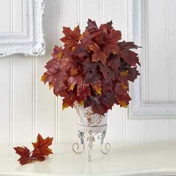 Nearly Natural 20-in Autumn Maple Leaf Artificial Plant in Metal Planter